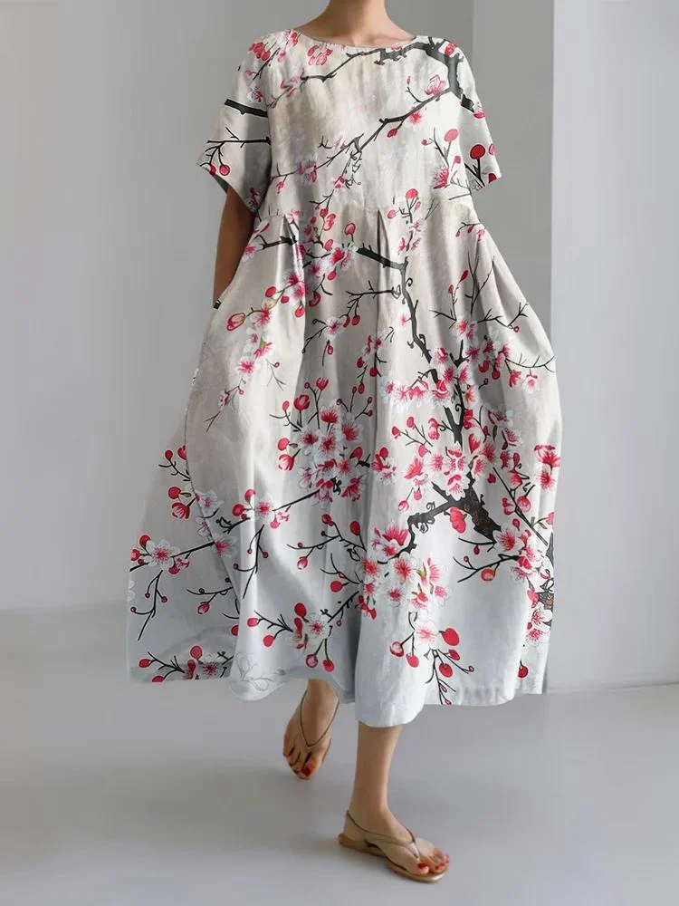 Blossom Japanese Art Round Neck Short Sleeve Casual Midi Dress