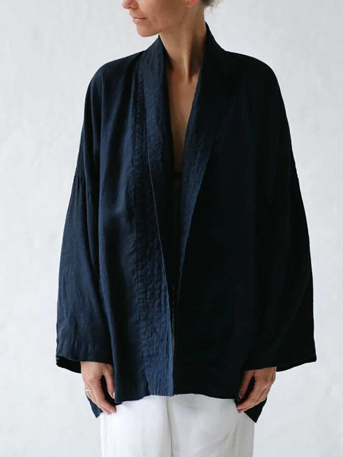 Blue Cotton Linen Pocket Loose Long Sleeved Cardigan