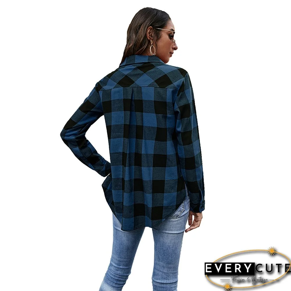 Navy Blue Plaid Print Cotton Shirt with Pockets