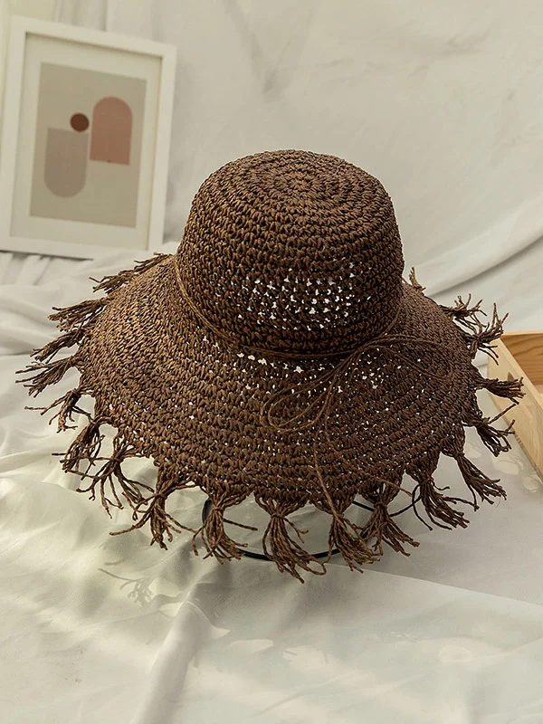 Foldable Sunscreen Solid Color Straw Woven Tasseled Breathable Beach Hat