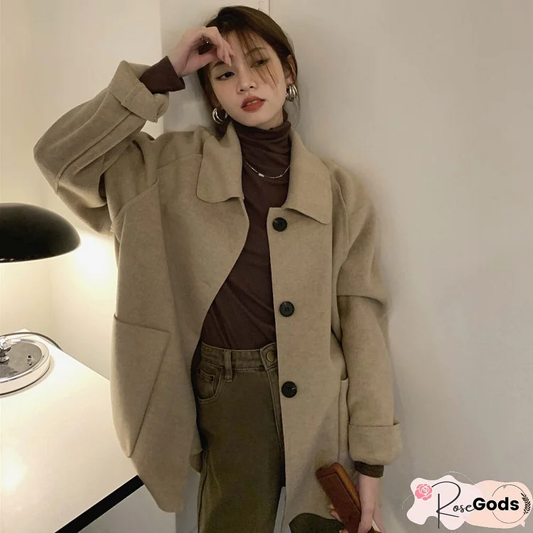 Spring Autumn Vintage Faux Wool Coat Women Long Sleeve Single Breasted Coats Turn Down Loose Causal Winter Outwear New