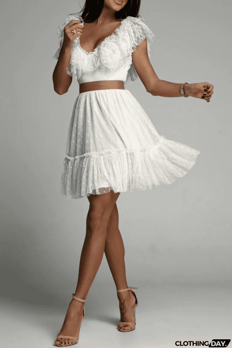 Dot Mesh V Neck Cake Skirt Dresses