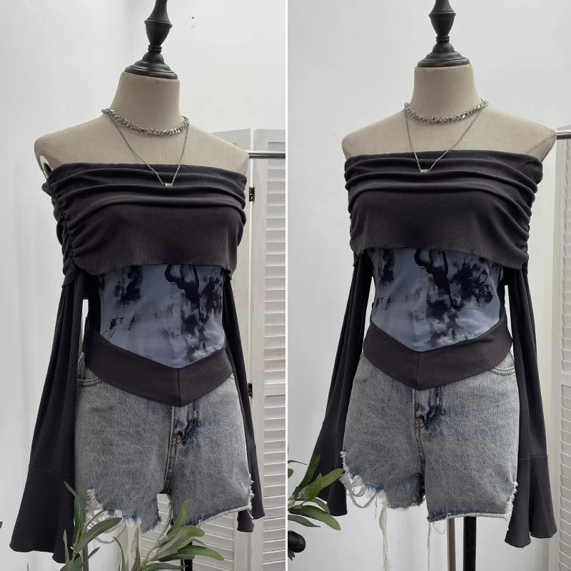 Uveng Real Shooting Maillard Wasteland Wind Word Shoulder Long-Sleeved Top Print Spliced Knitted Horn Sleeve Short T-Shirt 2663