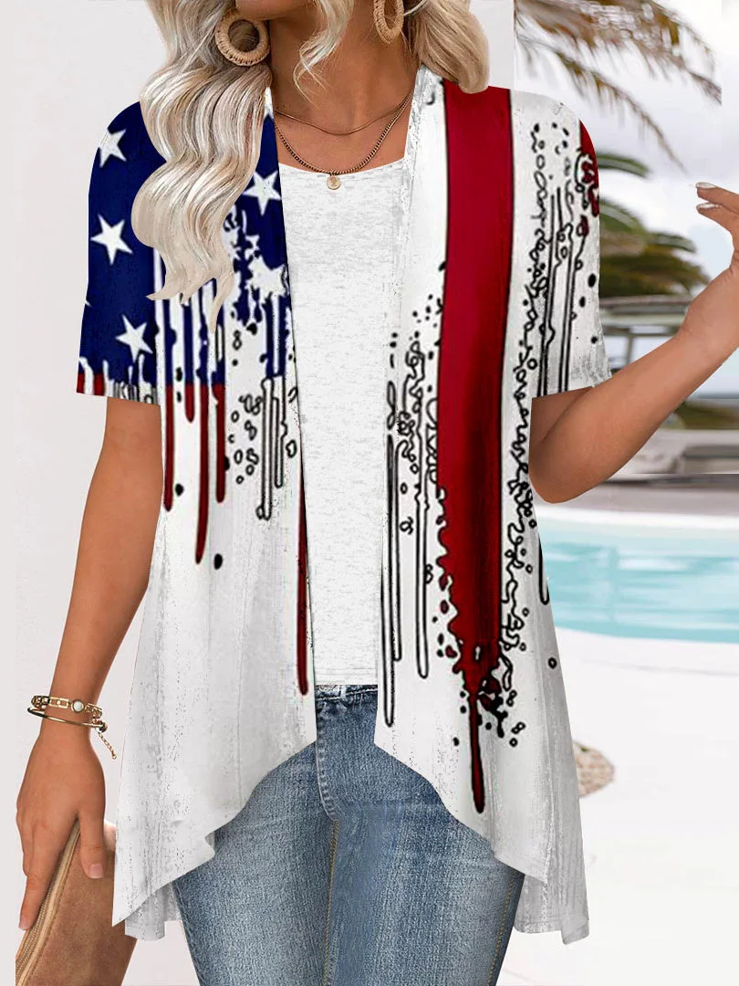 Women Short Sleeve V-neck National Flag Printed Graphic Two-Pieced Cardigan Tops