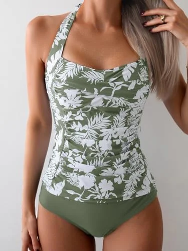 Womens Halter Ruched Tummy Control Two Piece Tankini 