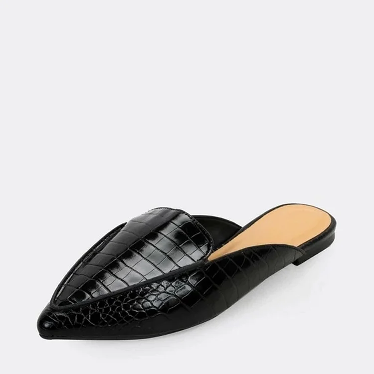 Black Croco Embossed Pointed Toe Mule Loafers for Women |FSJ Shoes
