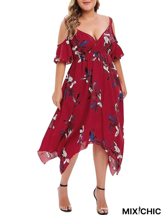 Women's Plus Size Casual Dress Swing Dress Floral Dress Floral Midi Dress Short Sleeve Asymmetric Print V Neck Fashion Holiday Wine Navy Blue Spring Summer XL XXL 3XL 4XL 5XL