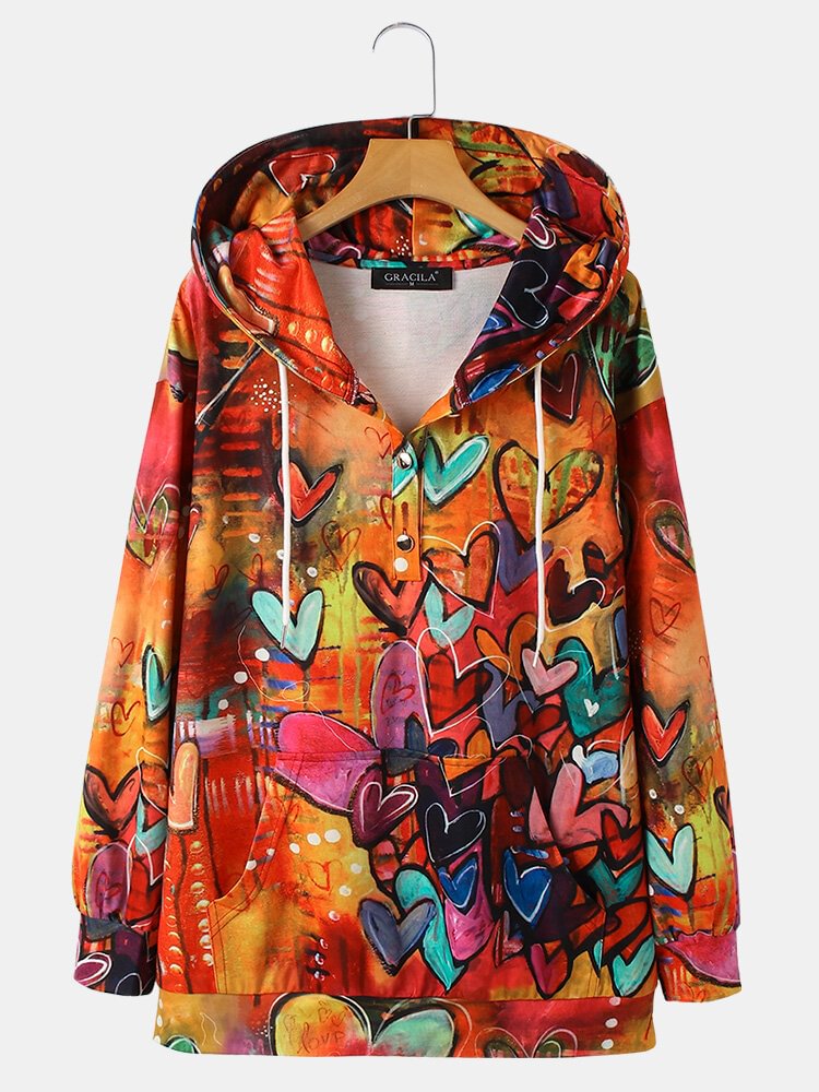 Vintage Heart Printed Long Sleeve Drawstring Hoodie - Life is Beautiful for You - SheChoic