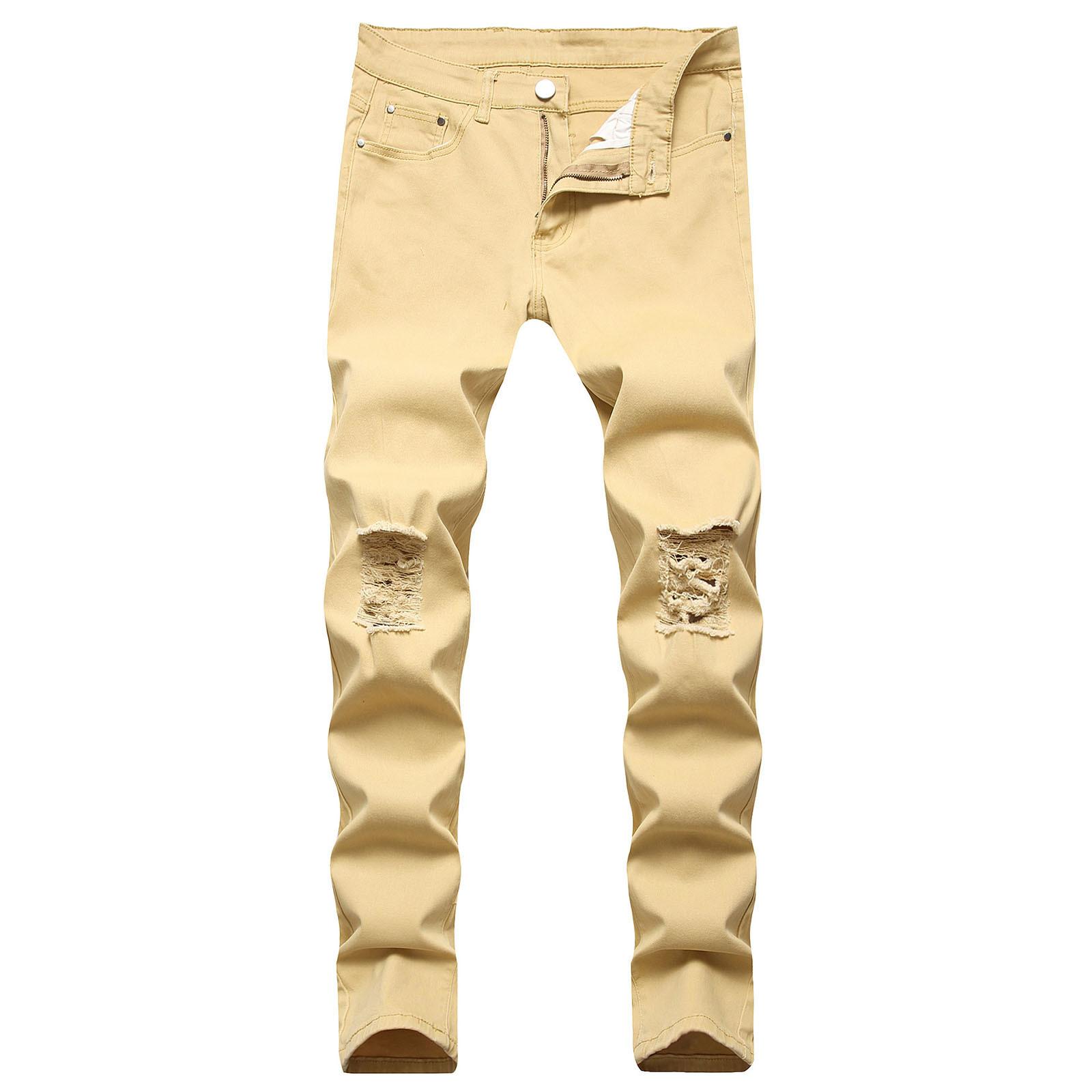 Tbclaim_su)men's New Fashion Elastic Personality Stretch Ripped Personality Denim Trousers