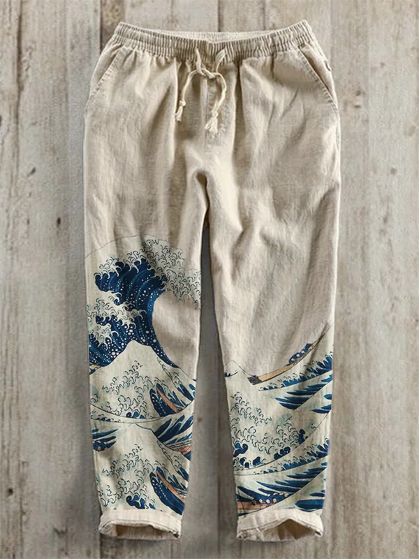Men's Vintage Rough Seas Waves Art Print Elastic Waist Cotton Linen Sweatpants
