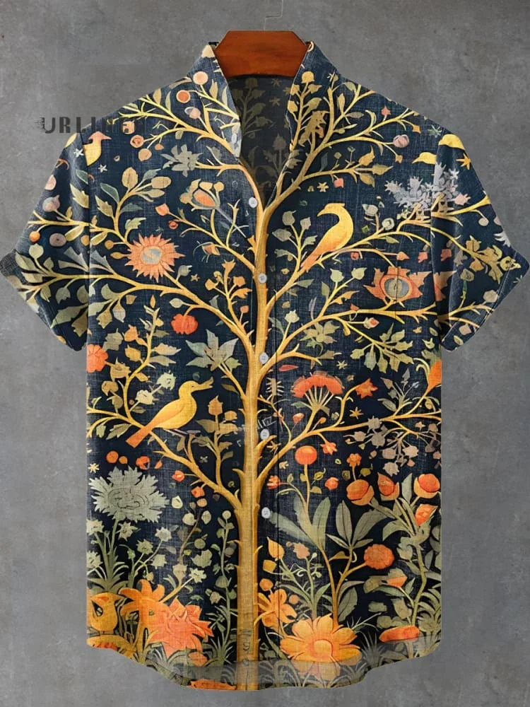 Indian Art Tree Bird Floral Vintage Print Casual 100% Cotton Shirt