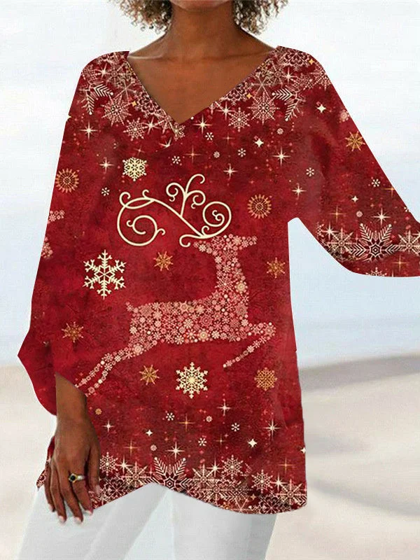 Women 3/4 Sleeve V-neck Printed Graphic Christmas Tops