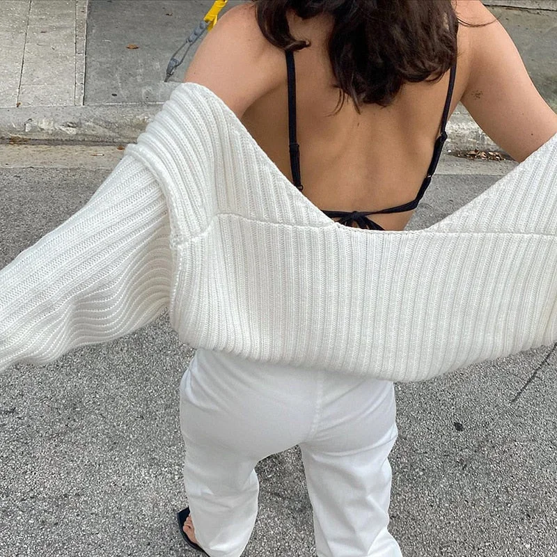Tossy White Women Sweater Shrugs Cropped Top Full Lantern Sleeve Knitwear Pullover Sexy Summer High Street Outwear 2021 Spring