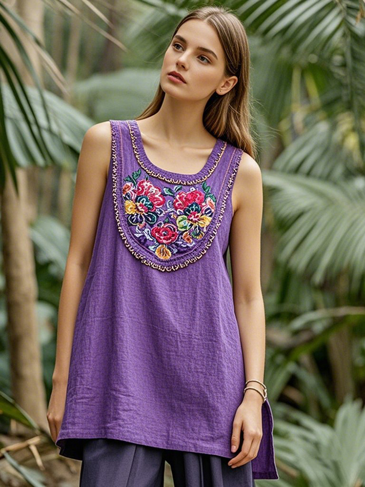 Women's Vintage Bohemian Art Print Casual Washed Cotton linen Denim Jumpsuit main image 0