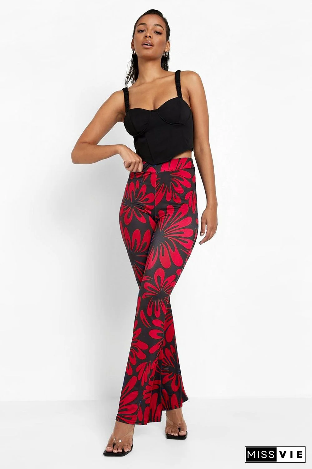 Floral Print High Waist Flared Long Pants