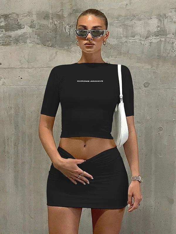 Uveng Letter Print Solid Turtleneck Short Sleeves Crop Top Skirts 2 Pcs Set Sexy Slim Summer Fashion Outfit Streetwear Sports