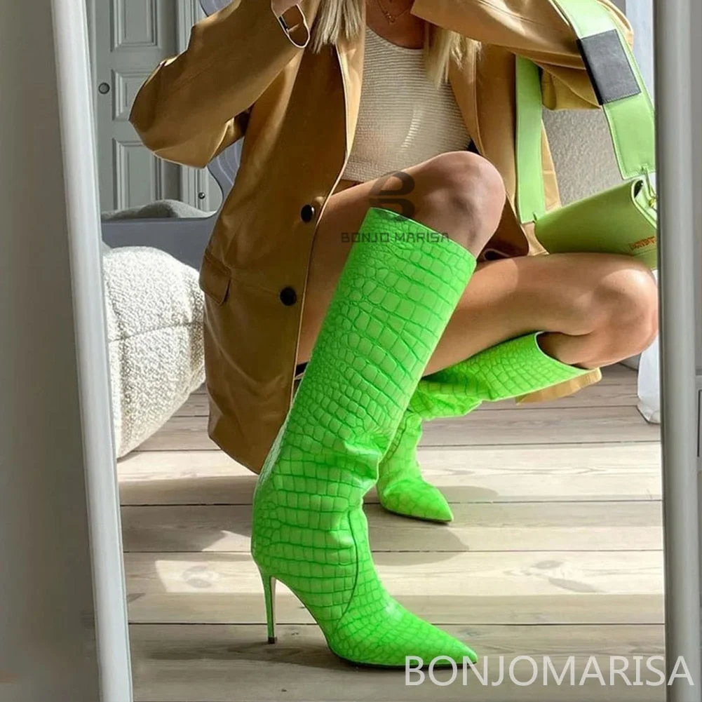 New Fashion Sexy Luxury Crocodile Pattern Knee High Heels Women's Boots Banquet Party Wedding Stiletto Mid Calf Boots Woman