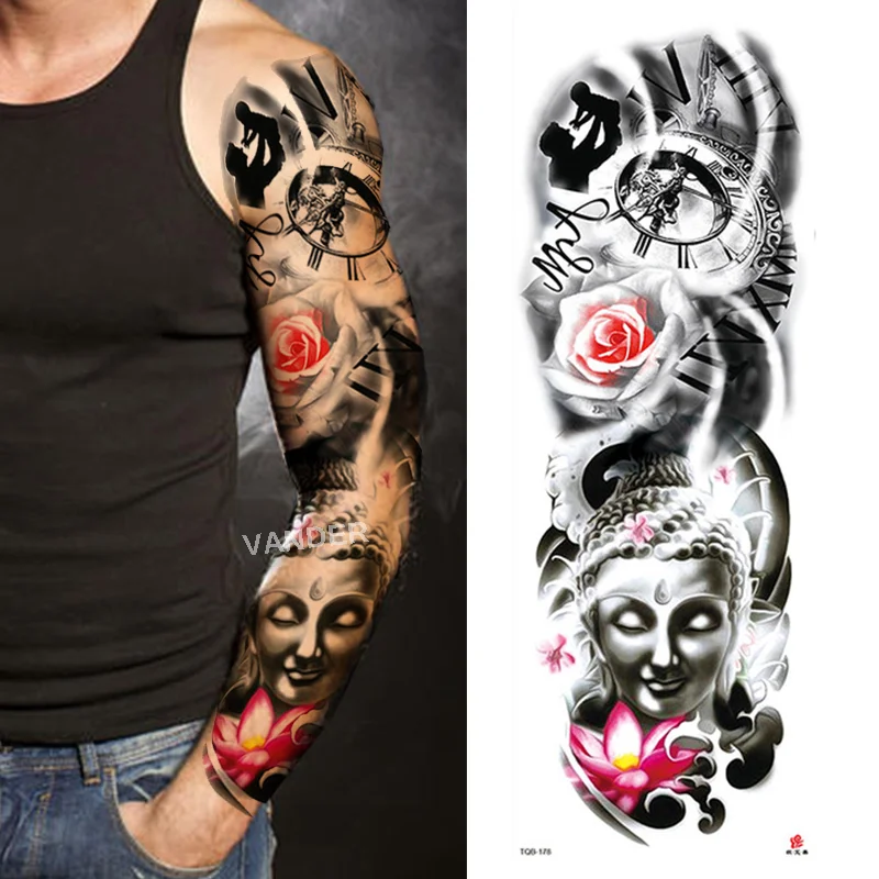 Sdrawing Arm Sleeve Tattoo Lion Crown King Rose Waterproof Temporary Sticker Wild Wolf Tiger Men Full Skull Totem Tatoo