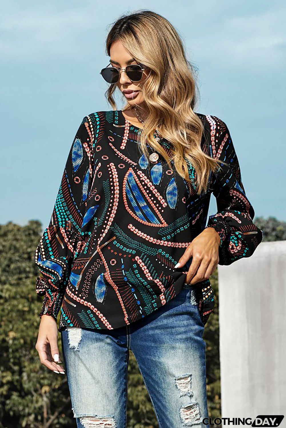 Printed Lantern Sleeve Top