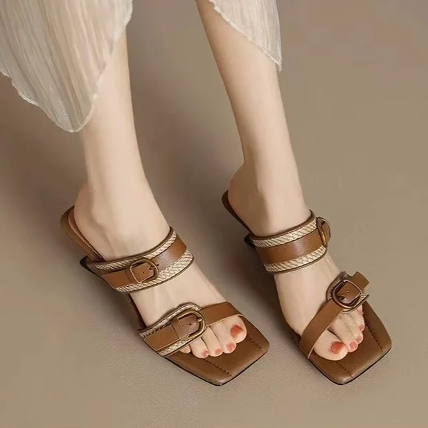 Yyvonne New Square Head Woven Slope And Slippers Women's Summer Fashion Wear High-Hee Women's Cool Slippers