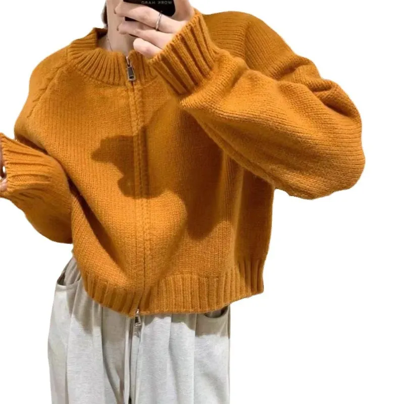 Churchf Churchf Short Round Collar Zipper Candy Color Knit Cardigan Female Autumn Winter New Show Thin Versatile Sweater Coat
