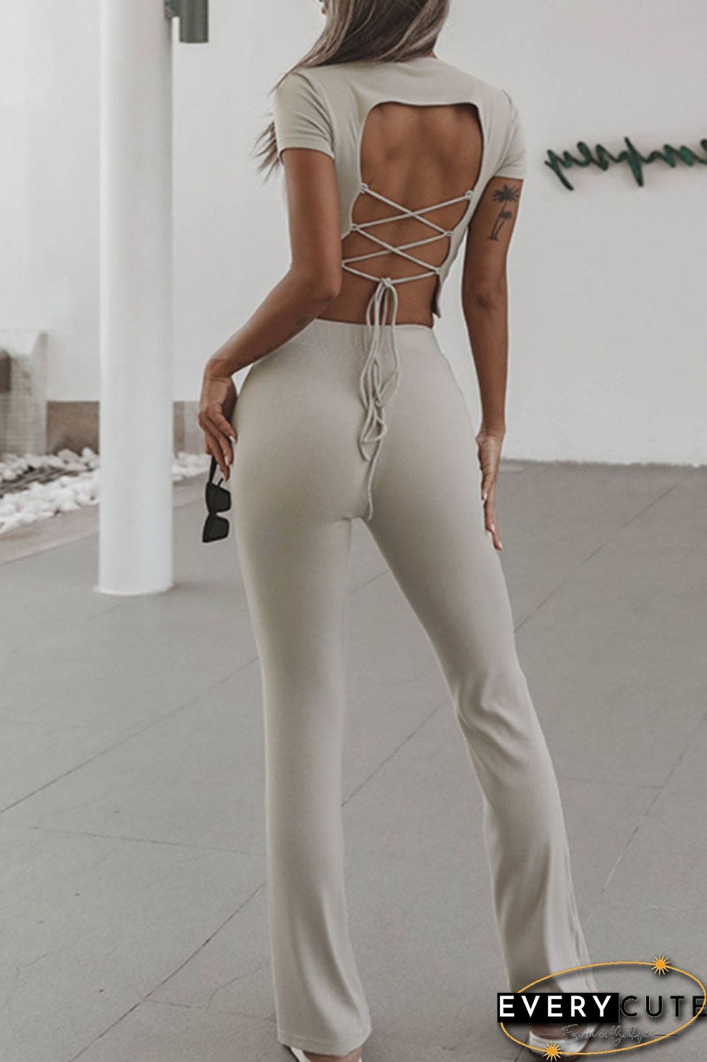 Fashion Sportswear Solid Backless O Neck Short Sleeve Two Pieces