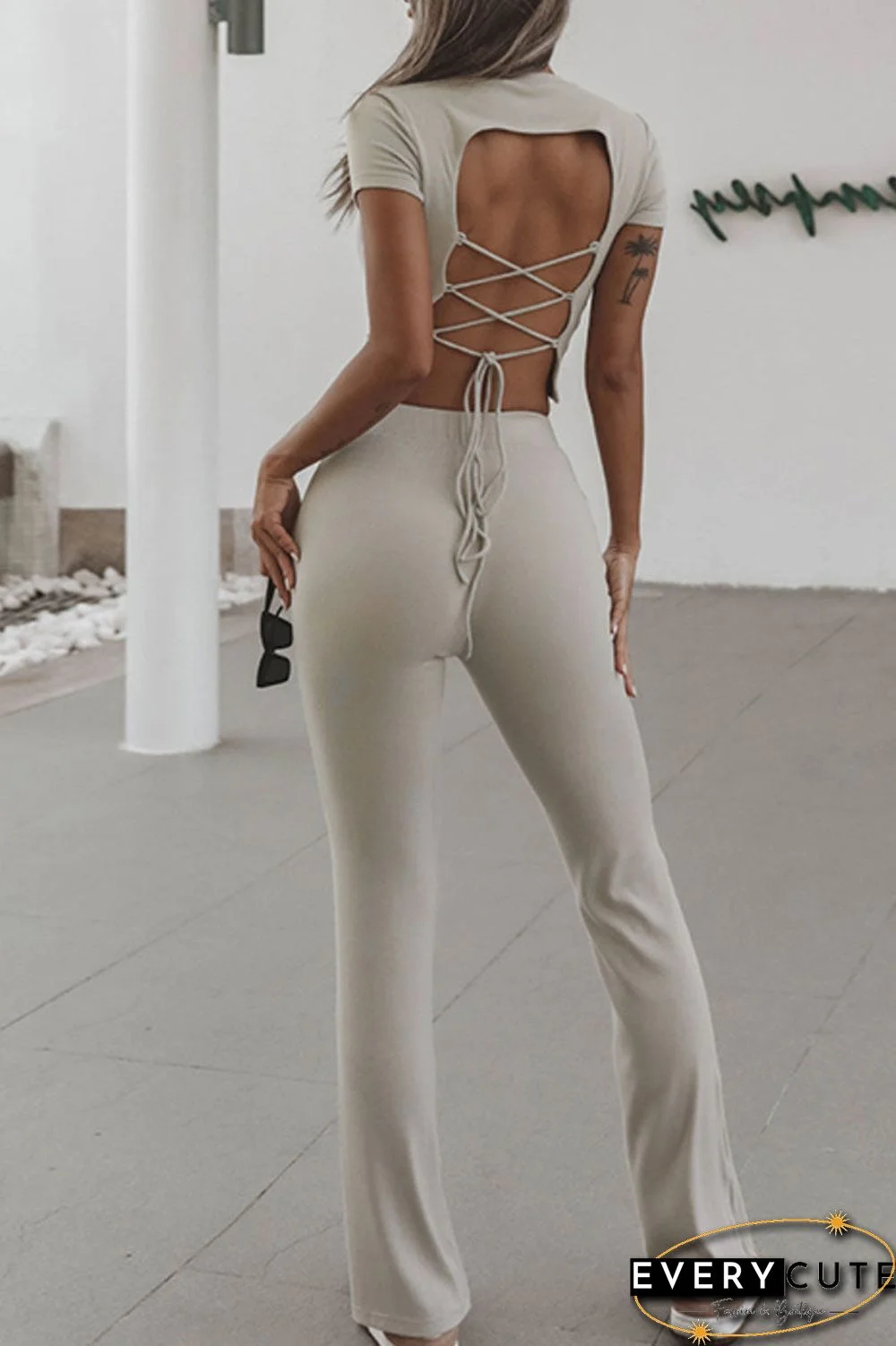 Fashion Sportswear Solid Backless O Neck Short Sleeve Two Pieces