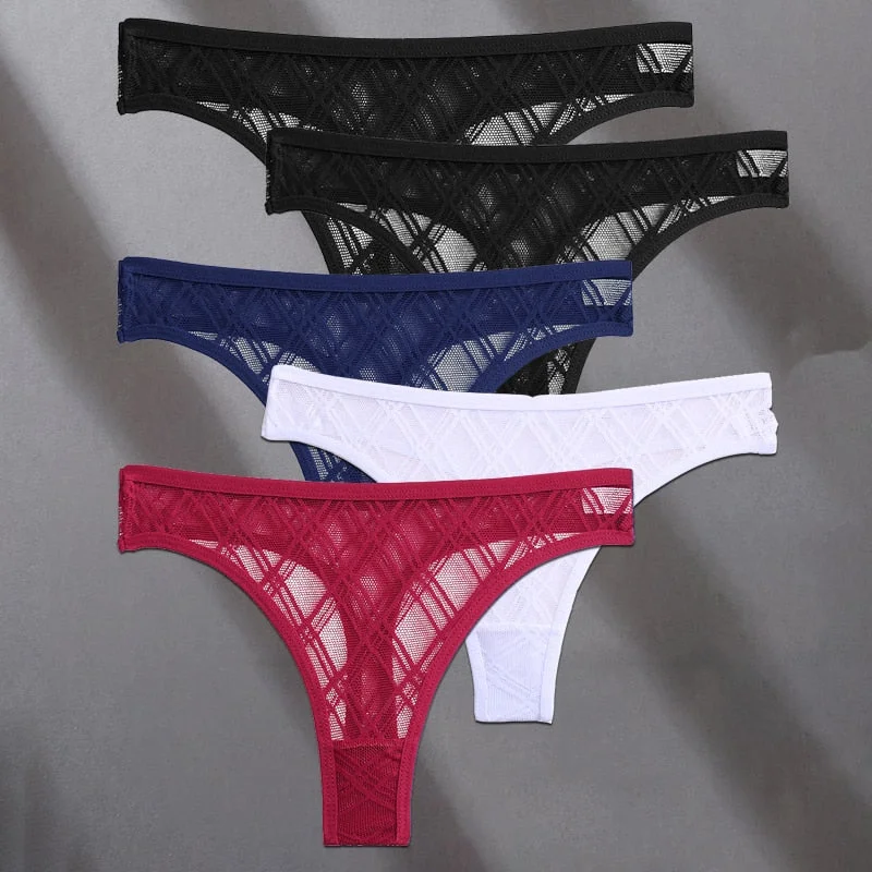 FINETOO 5PCS/Set Lace Sexy Women Thongs Floral Perspective G-string Lingerie Panties Low-Waist Femme Girls Underwear Mesh Pantys