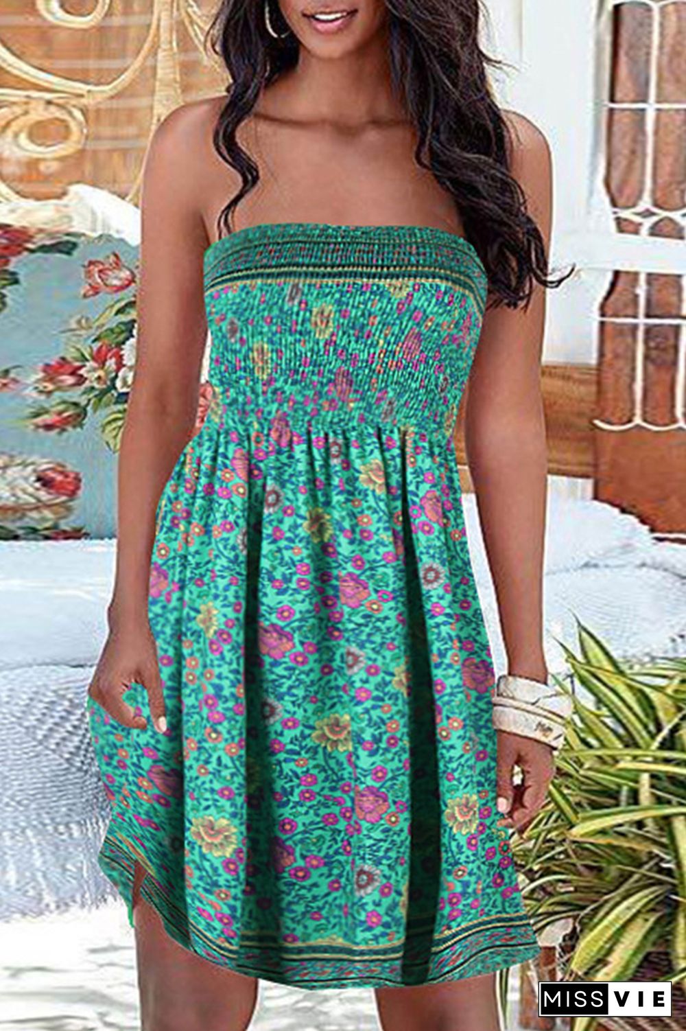 Vintage Print Patchwork Strapless Straight Dresses(6 colors)