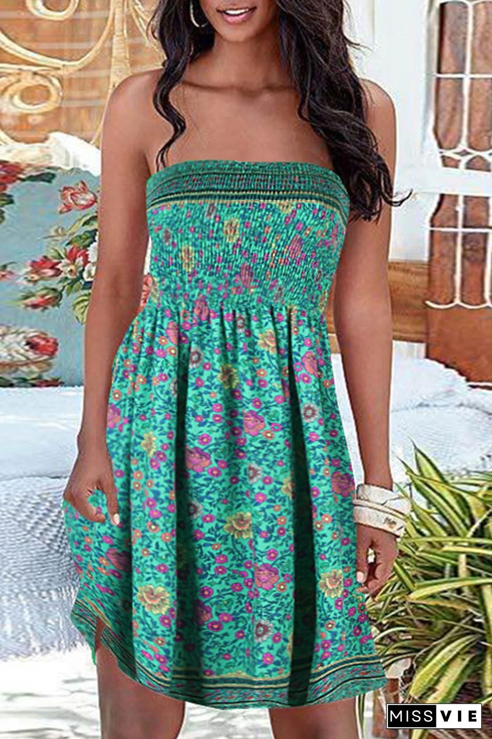 Vintage Print Patchwork Strapless Straight Dresses(6 colors)