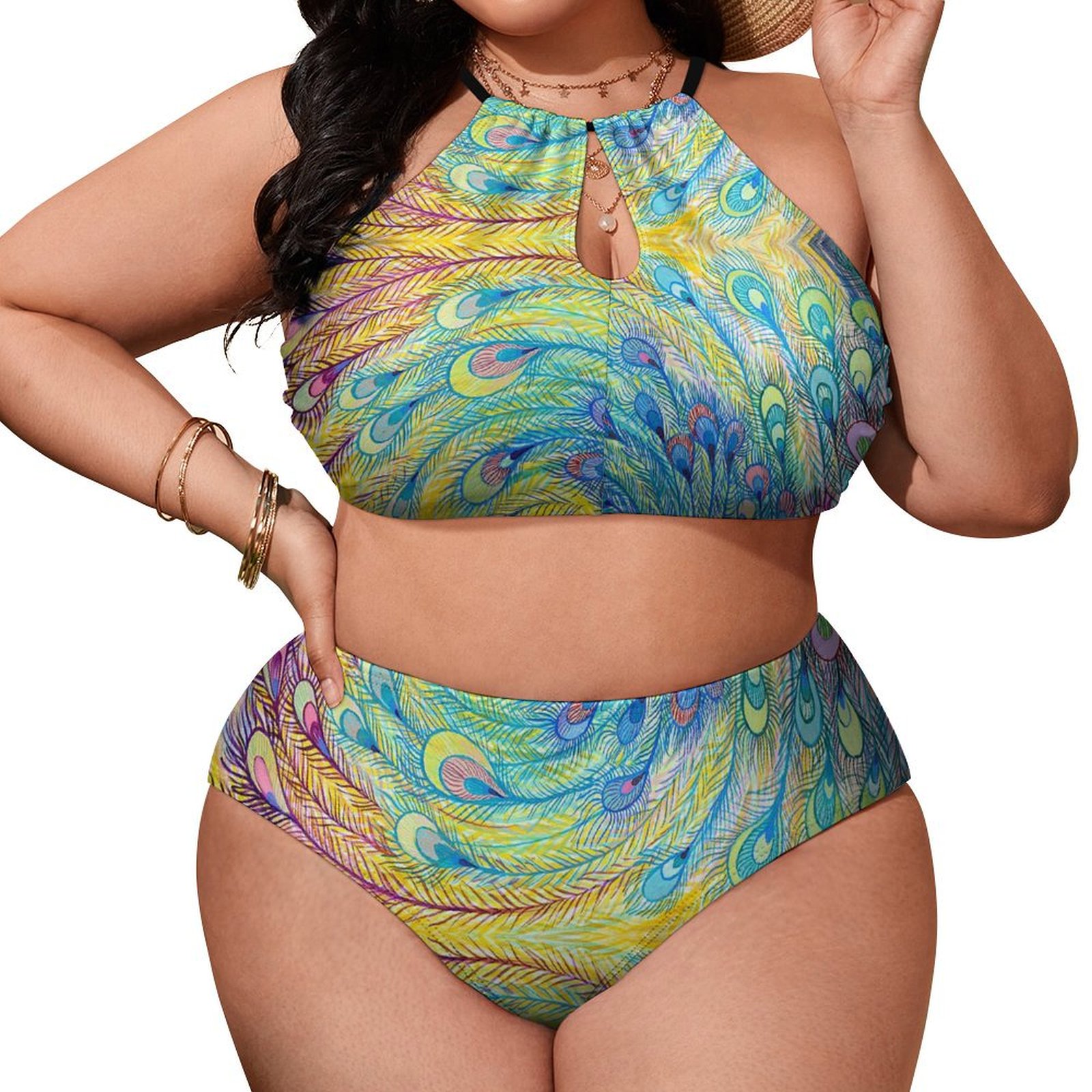 Women's Peacock High Waisted Two-Piece Plus Size Bikini Swimsuits Sets