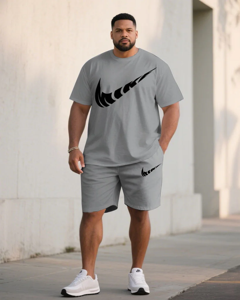 Big & Tall Men Grey & Red & Blue & Green & Khaki & Pink Casual Sports Chest Large Logo Printed Crew Neck Short Sleeve T-Shirt Shorts Suit