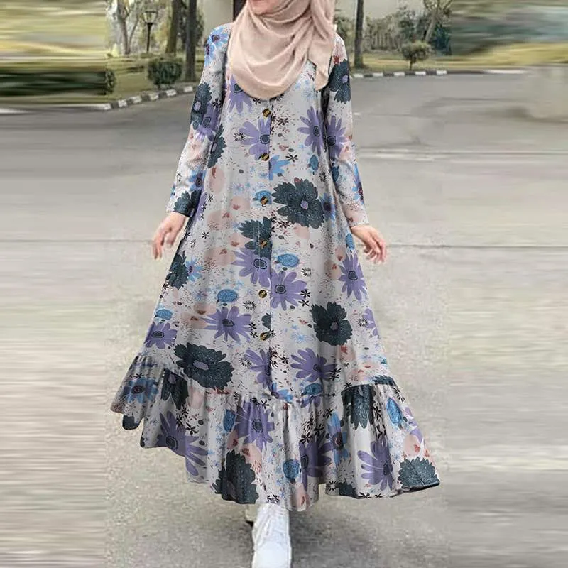 Vintage Check Muslim Dress Women's Autumn Sundress 2022 ZANZEA Casual Long Sleeve Ruffle Vestidos Female Button Printed Robe
