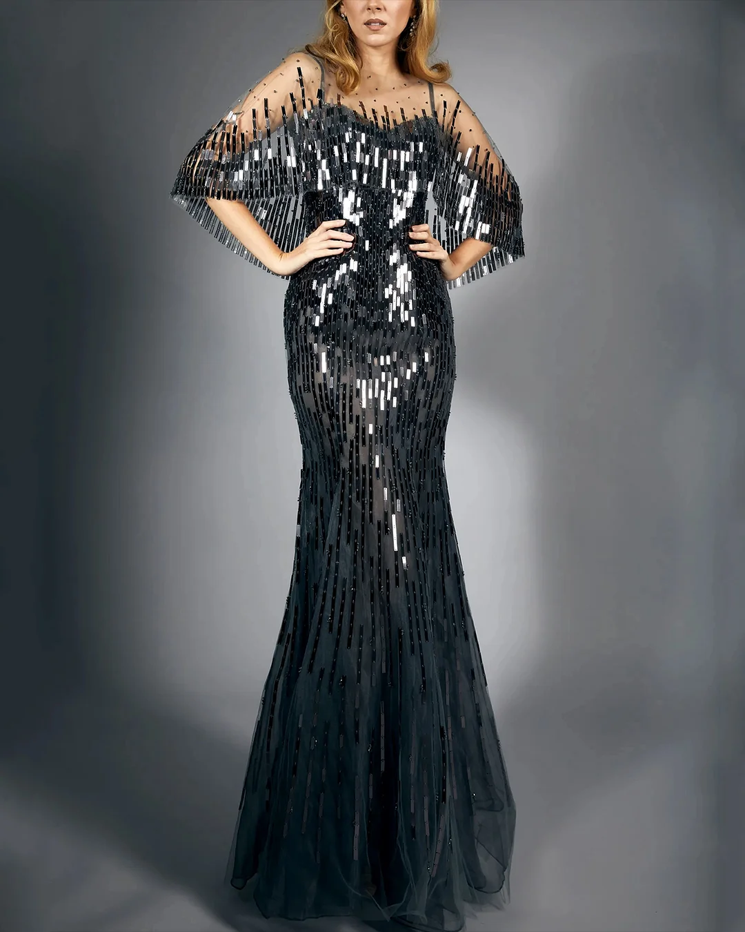 Women' Shawl Mesh Sequin Dress