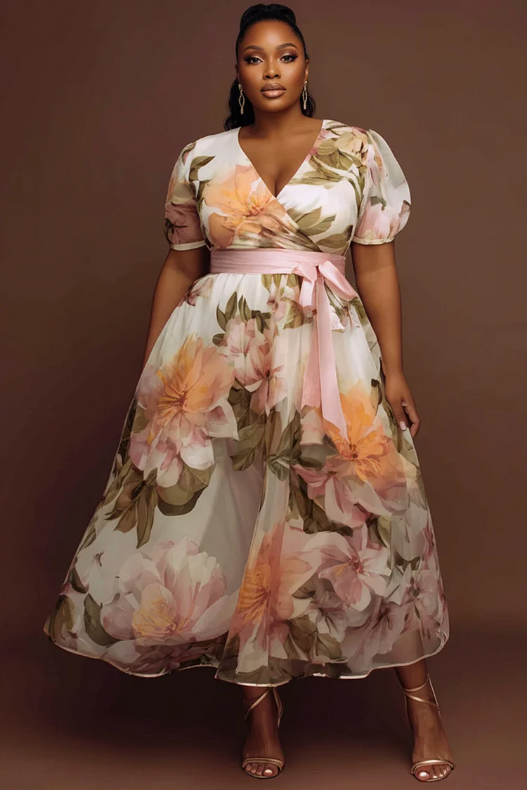 Xpluswear Design Plus Size Wedding Guest White Floral Wrap Neck Short Sleeve Wrap Chiffon Midi Dresses [Pre-Order] 2024 - Xpluswear