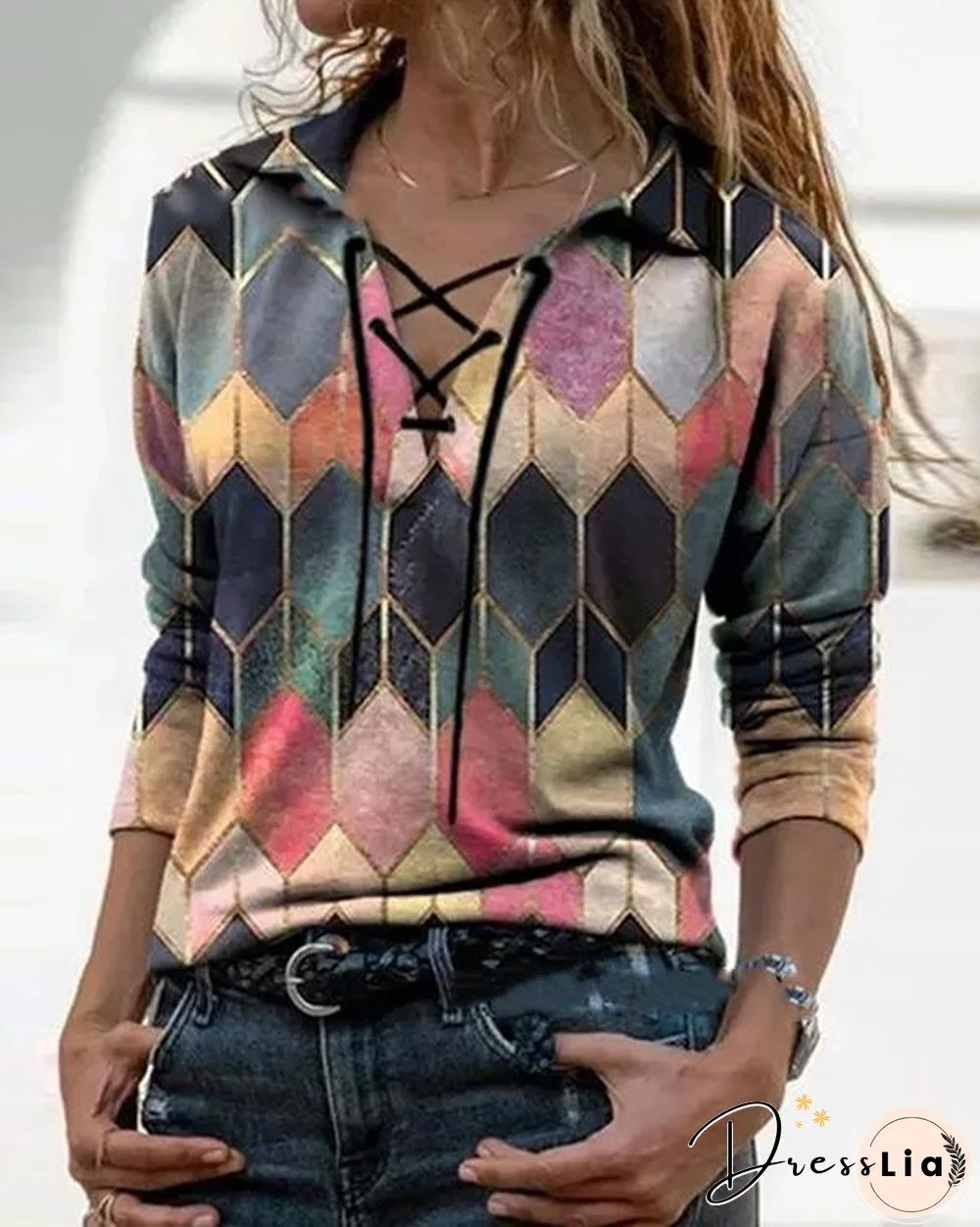 Color Block Casual V-Neckline Long Sleeve Blouses