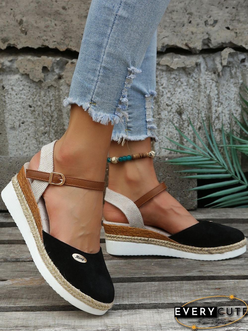 Women Color Block Summer Vacation Braided Non-Slip Block Heel Espadrille Sandals Adjustable Buckle EVA Wedges&Flatform