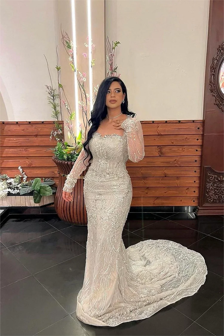 Hellodresses Charming Square Long Sleeves Mermaid Long Prom Dress With Bead Embroidery