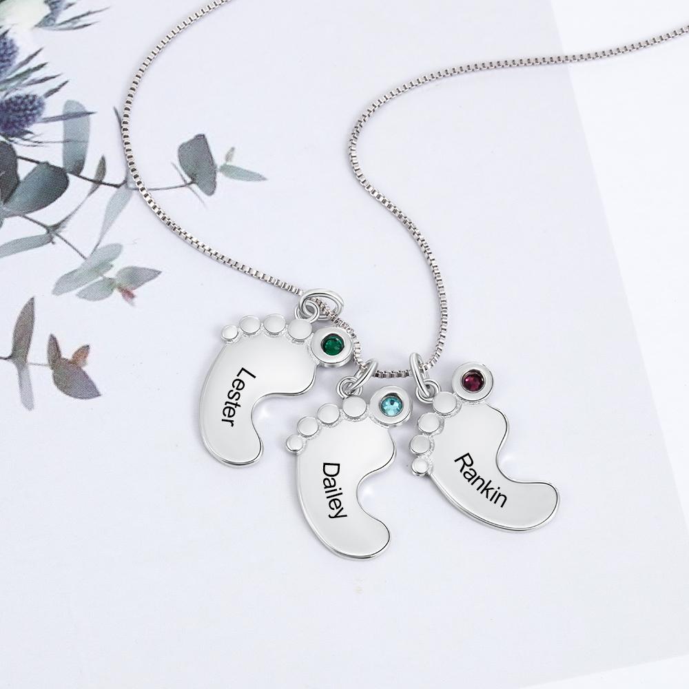 Personalized Baby Feet Pendant Necklace with 2 Birthstones Engraved