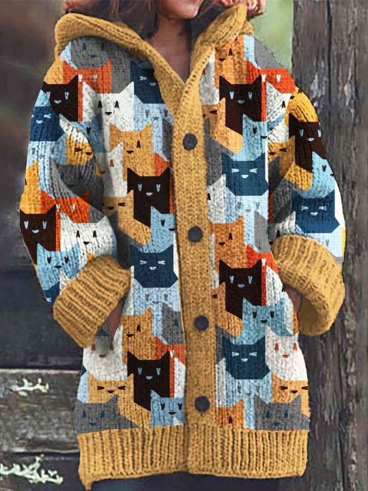 Colorful Cat Pattern Women's Hooded Cardigan