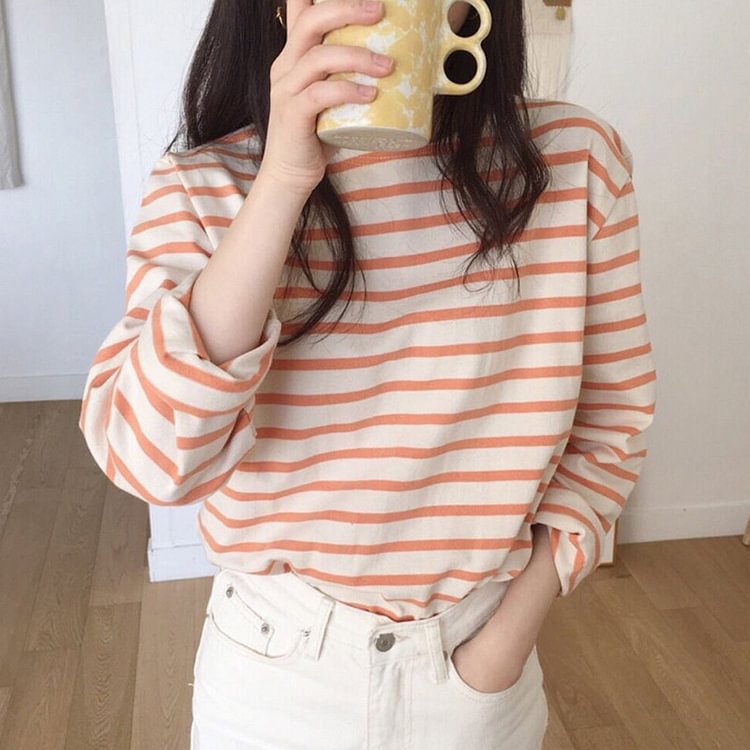 Round Collar Cross Stripe Loose Shirt - Modakawa Modakawa
