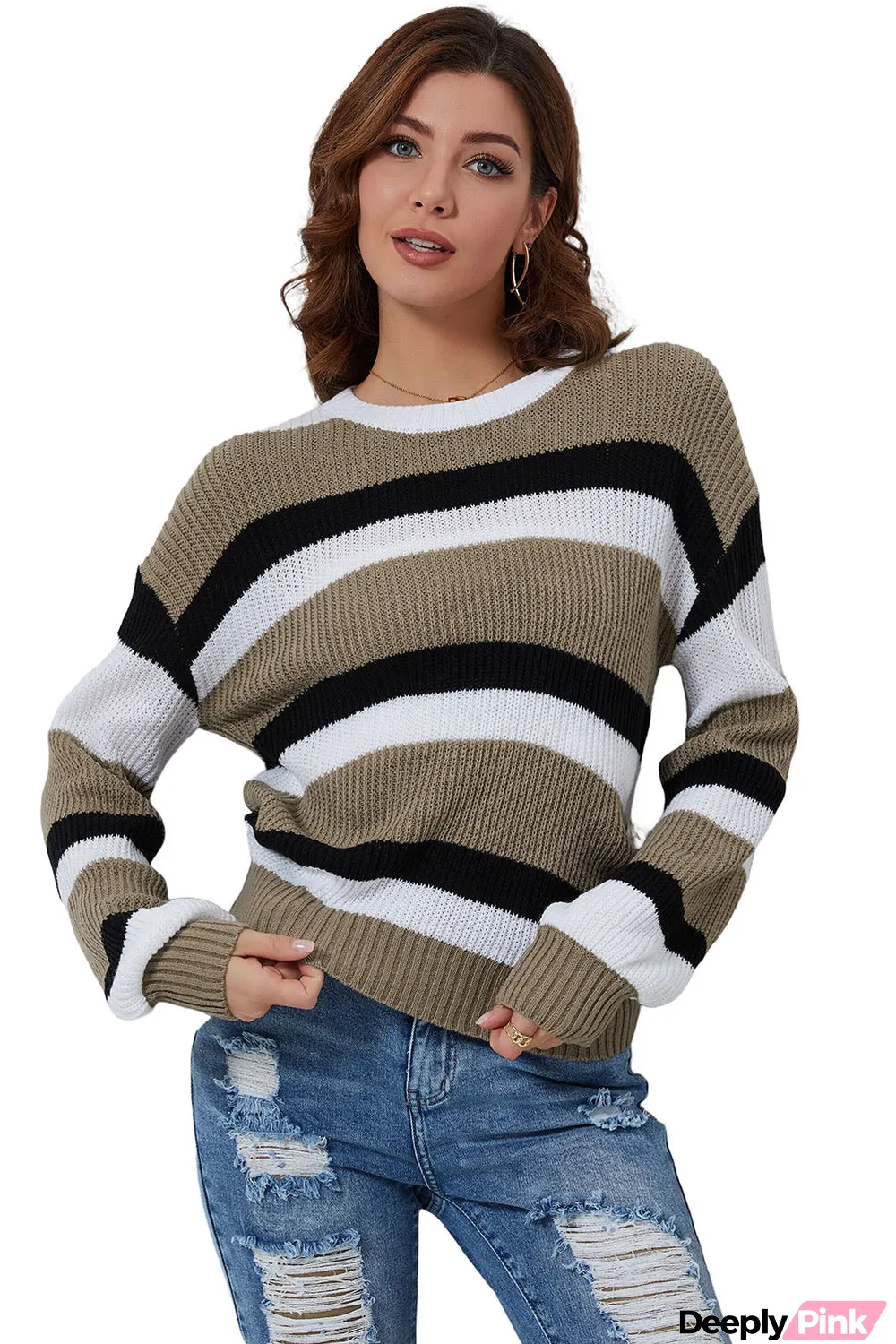 Gray Striped Colorblock Pattern Knit Sweater