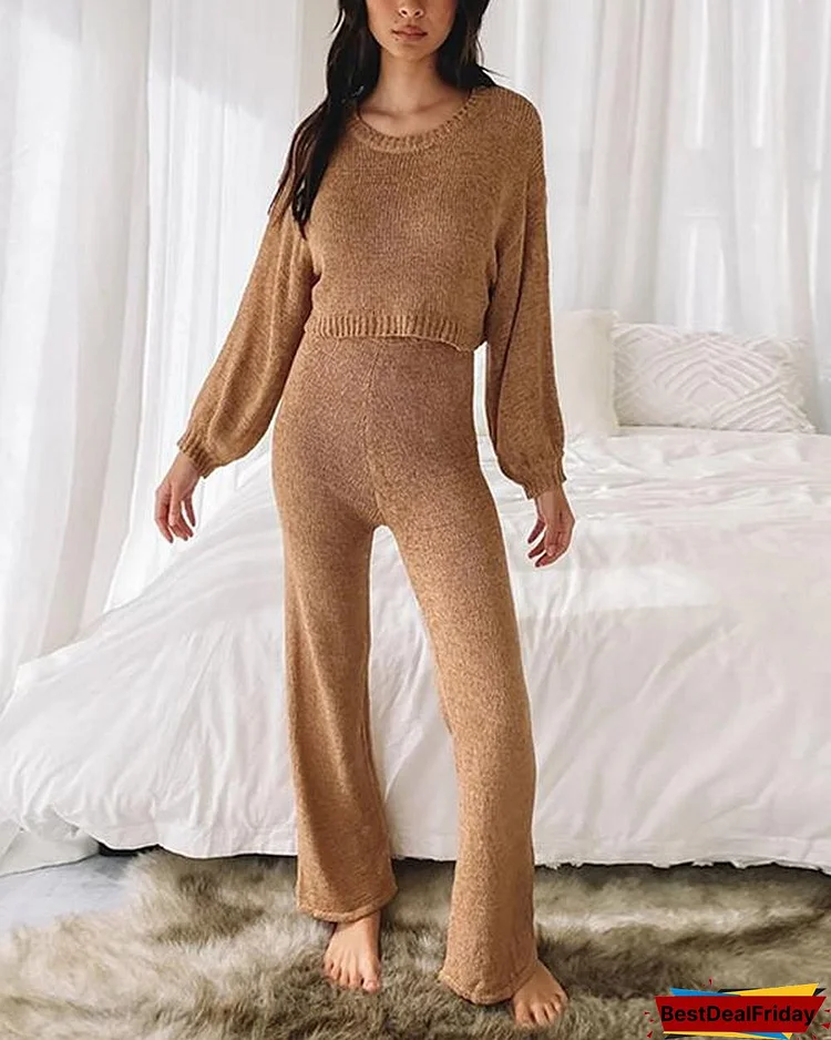 Cozy Knitted Pajama Set Women Camel Sweater&Pants Suit
