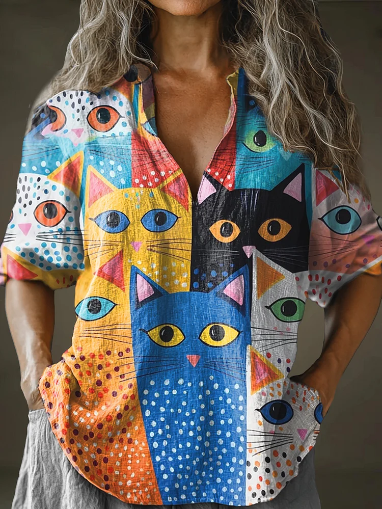 Women's Rainbow Abstract Cat Art Pattern Print Long Sleeve Comfortable Cotton And Linen Shirt