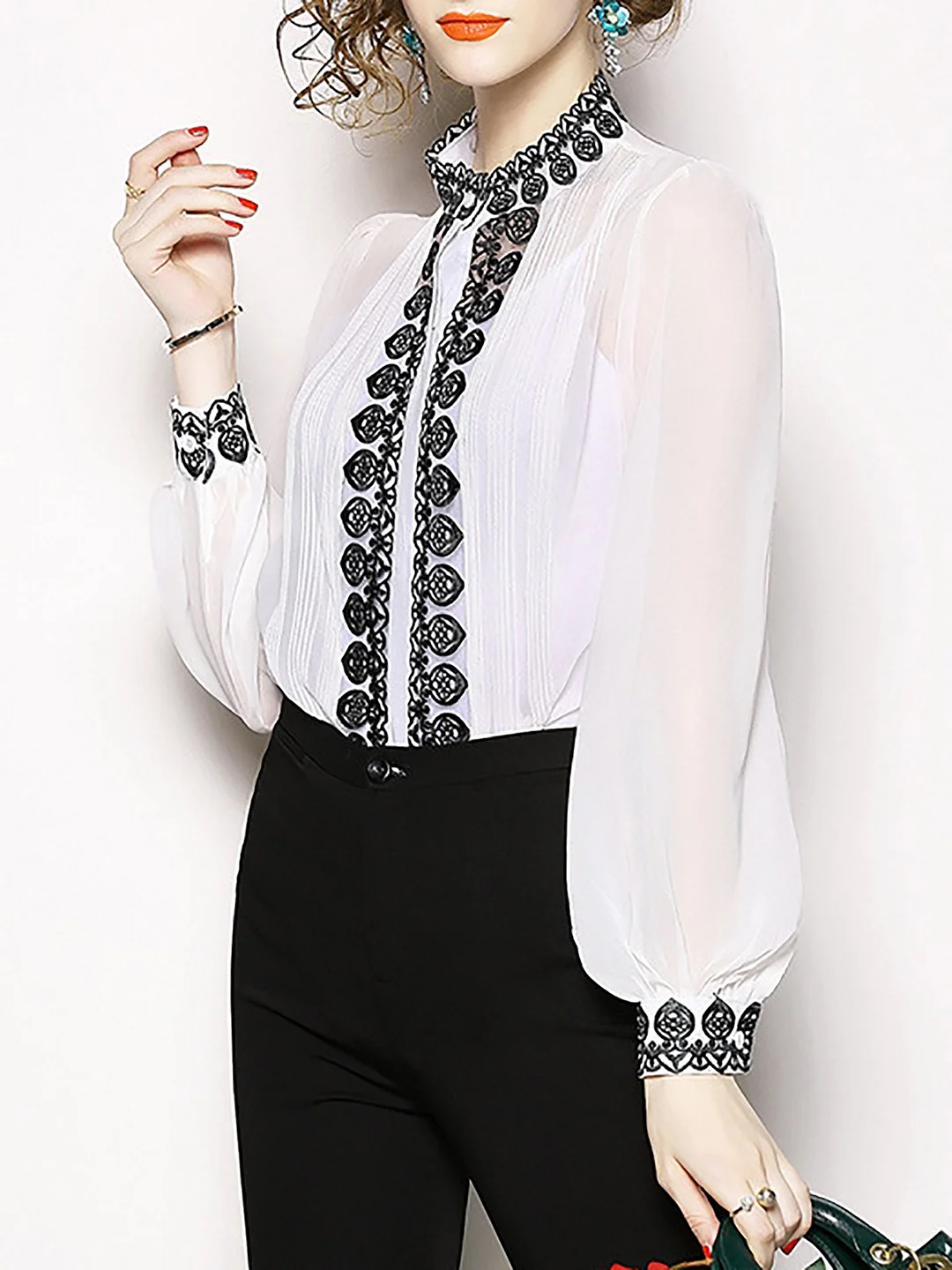 Work Balloon Sleeve Two Piece Embroidered Blouse