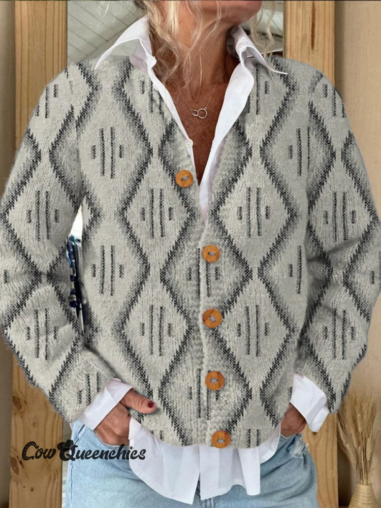 Light Gray Vintage Aztec Print Buttoned Cardigan Sweater Multicolor / S