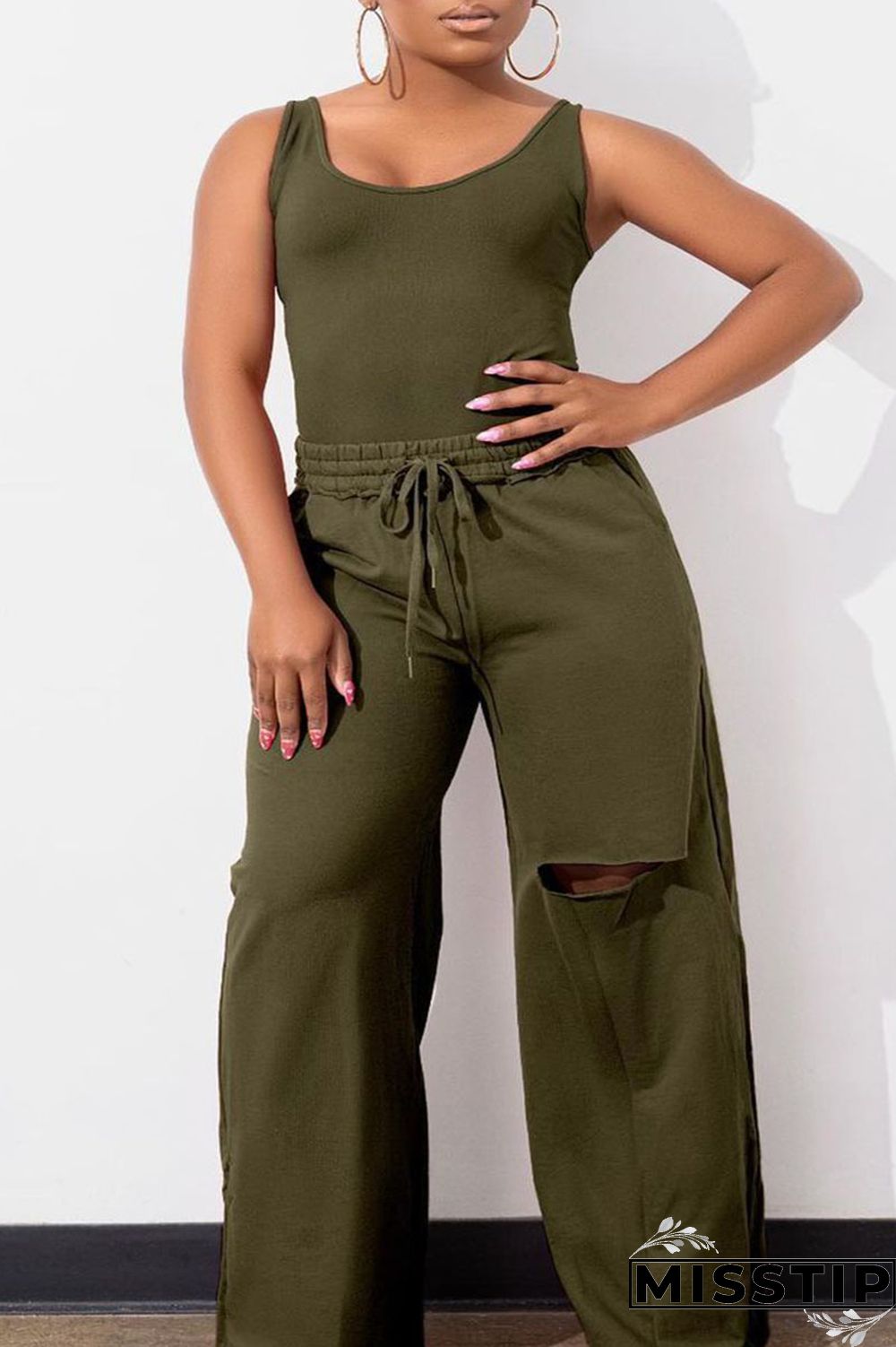 Deep Blue Casual Solid Hollowed Out Patchwork U Neck Plus Size Two Pieces