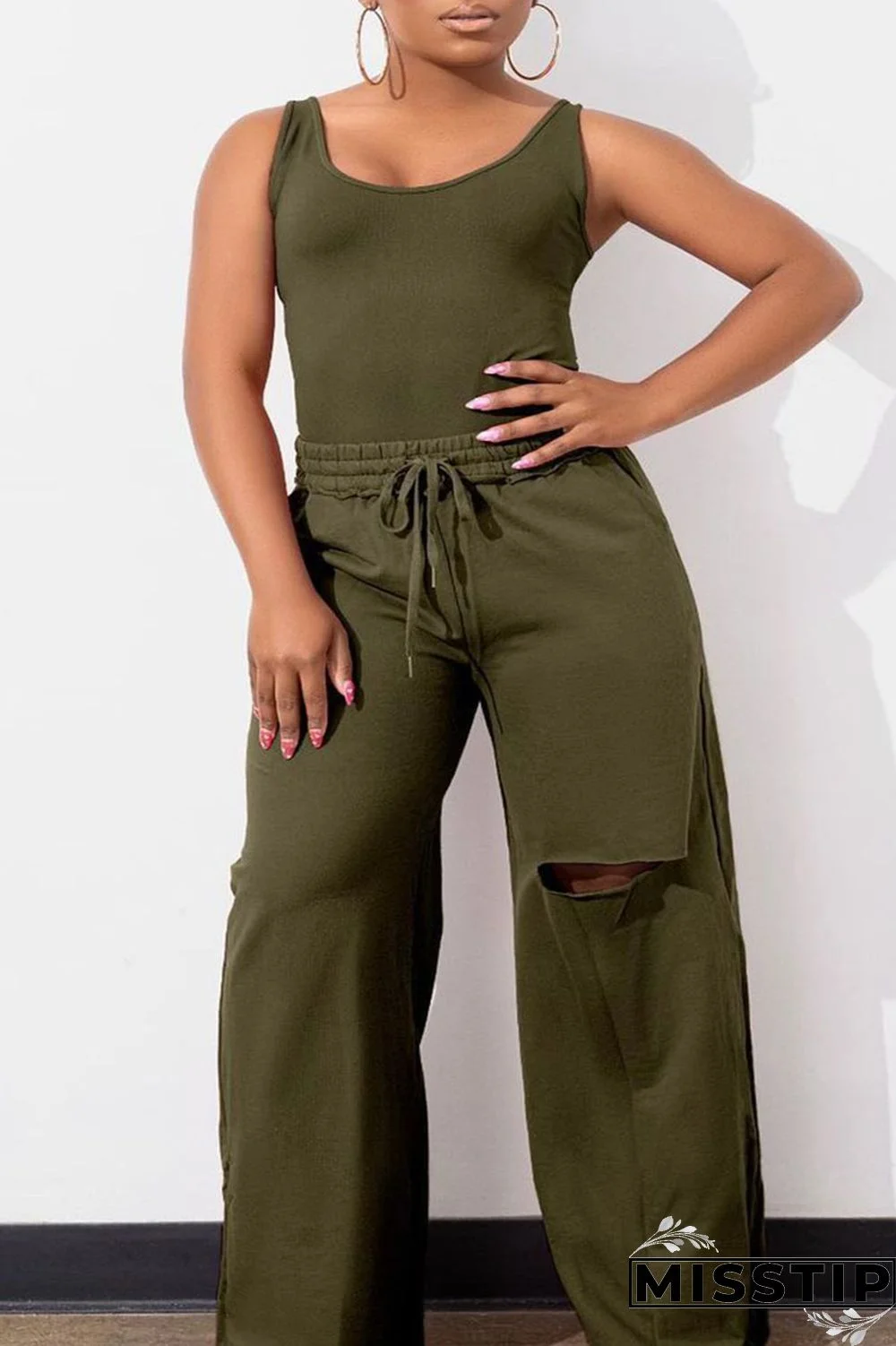 Deep Blue Casual Solid Hollowed Out Patchwork U Neck Plus Size Two Pieces