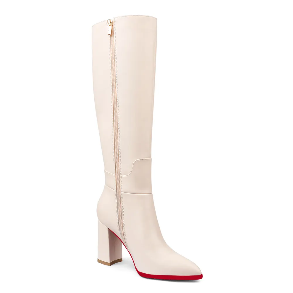 95mm/3.75 inch women's knee-high red bottom high heel boots two-color splicingmatte zipper high heels-vocosishoes