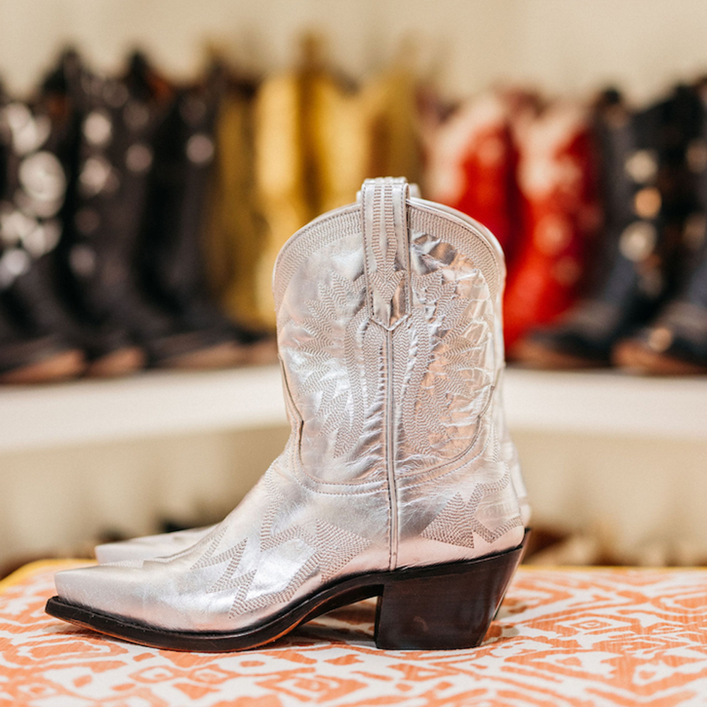 Metallic Silver Heeled Booties Pointed Toe Embroidered Cowgirl Boots Nicepairs